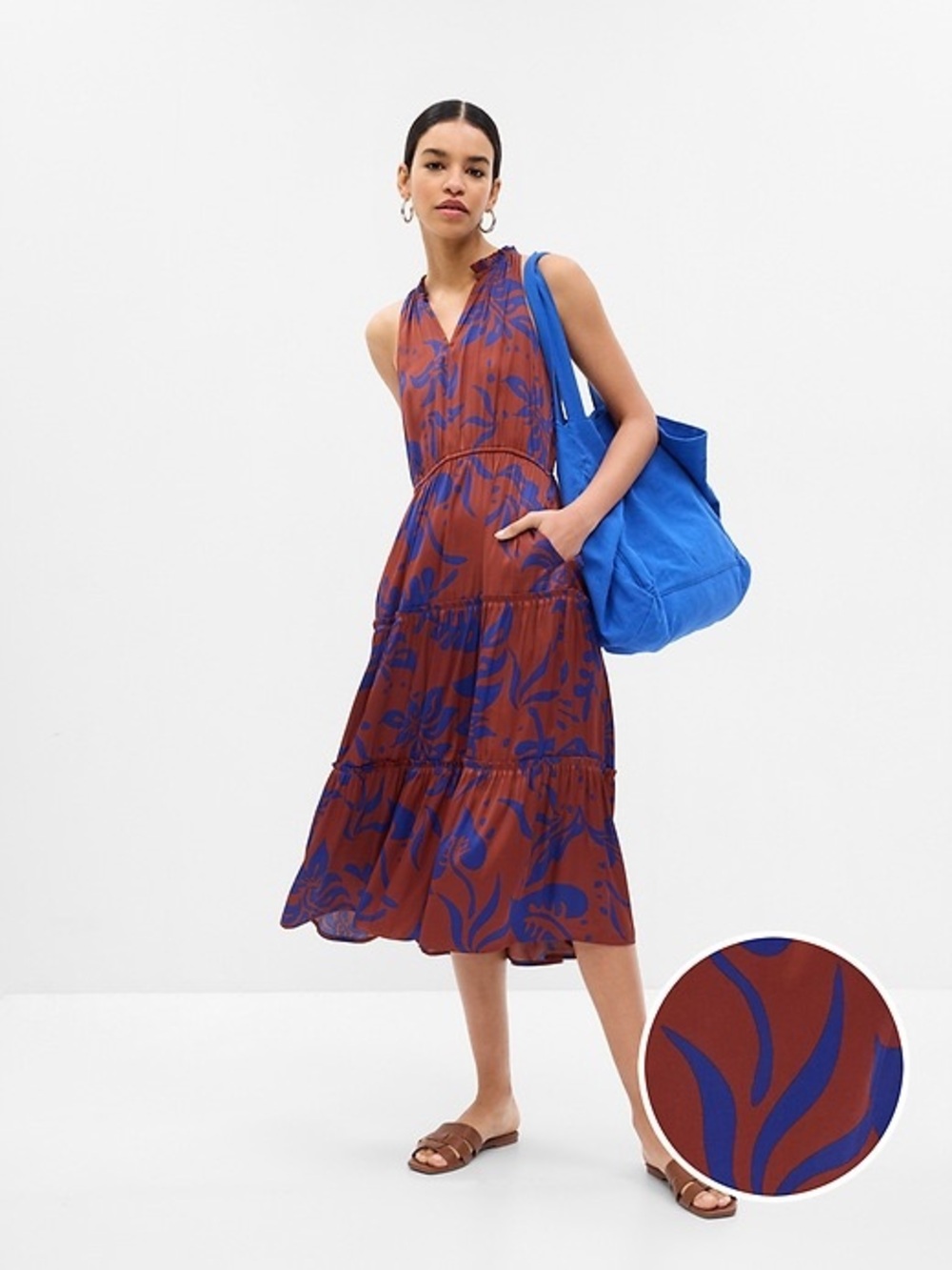 GAP Rust Midi Dress with Blue Floral Print